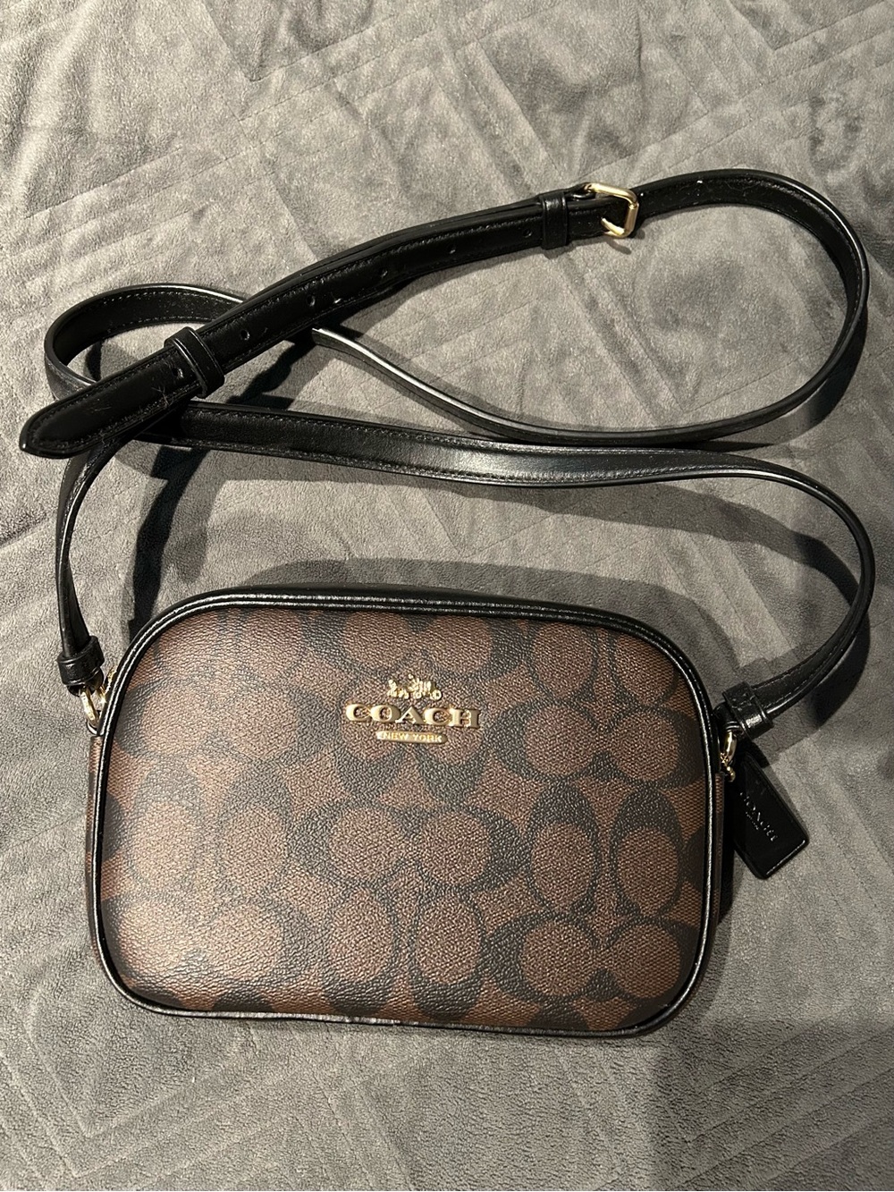 Coach Brown Signature Canvas Crossbody with Black Trim (Mini Jamie Camera Bag)